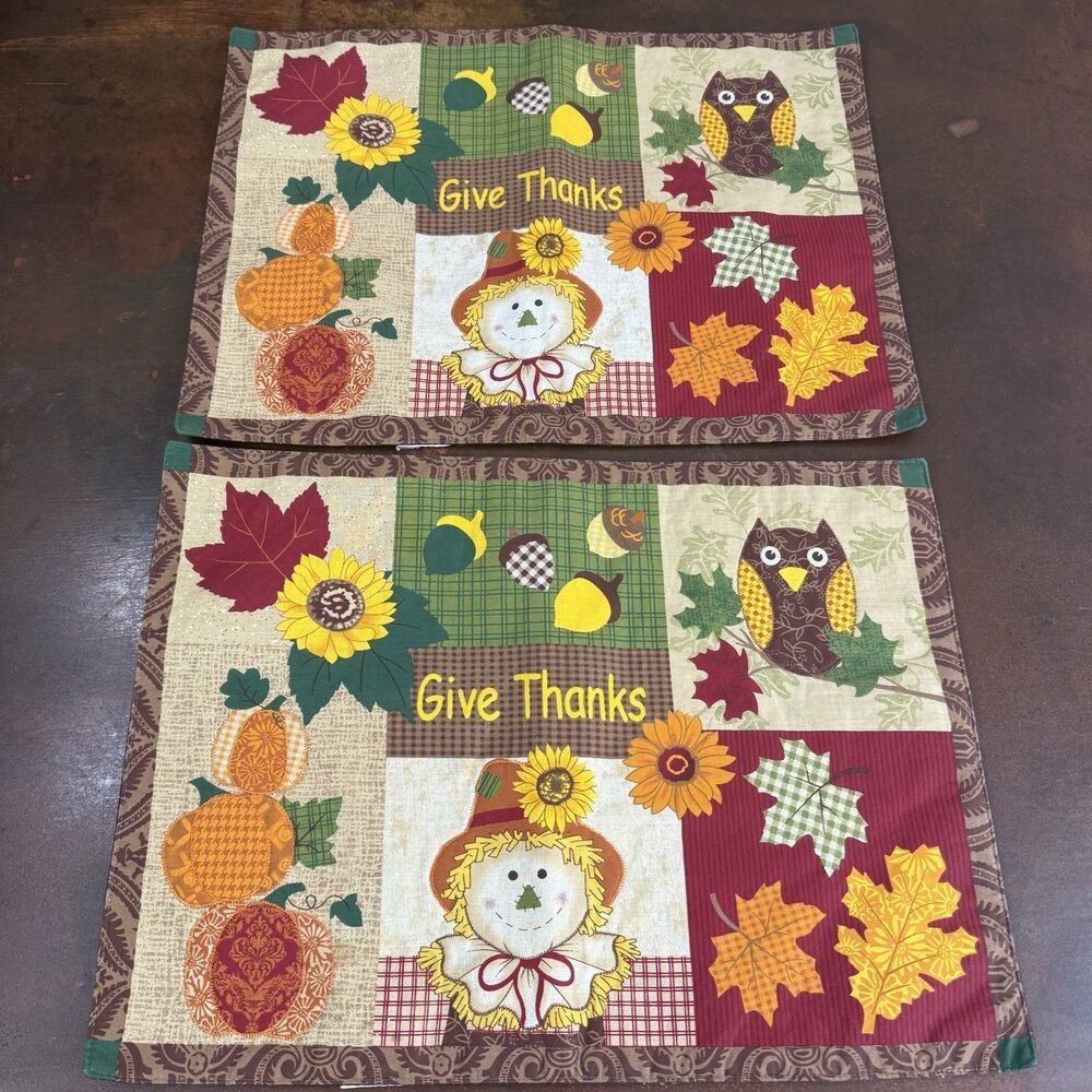 Essential Home Give Thanks Fall Scarecrow Owl Leaf Patchwork Placemats set of 2